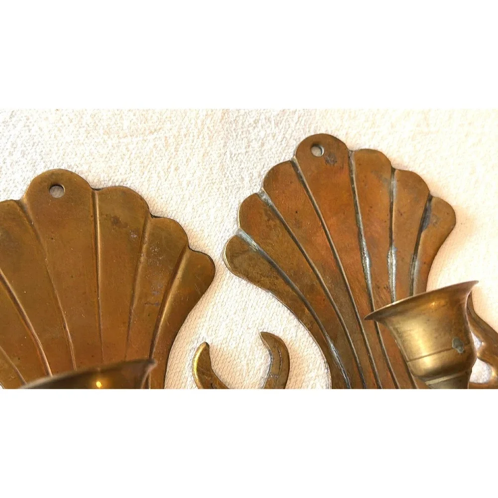 Vintage Brass Candle Wall Sconce Pair Shell MCM Hollywood Regency Cottage Core